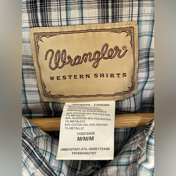 Wrangler Plaid Western Short Sleeve Shirt Pearl Snap Metallic Men's Medium - Picture 5 of 8